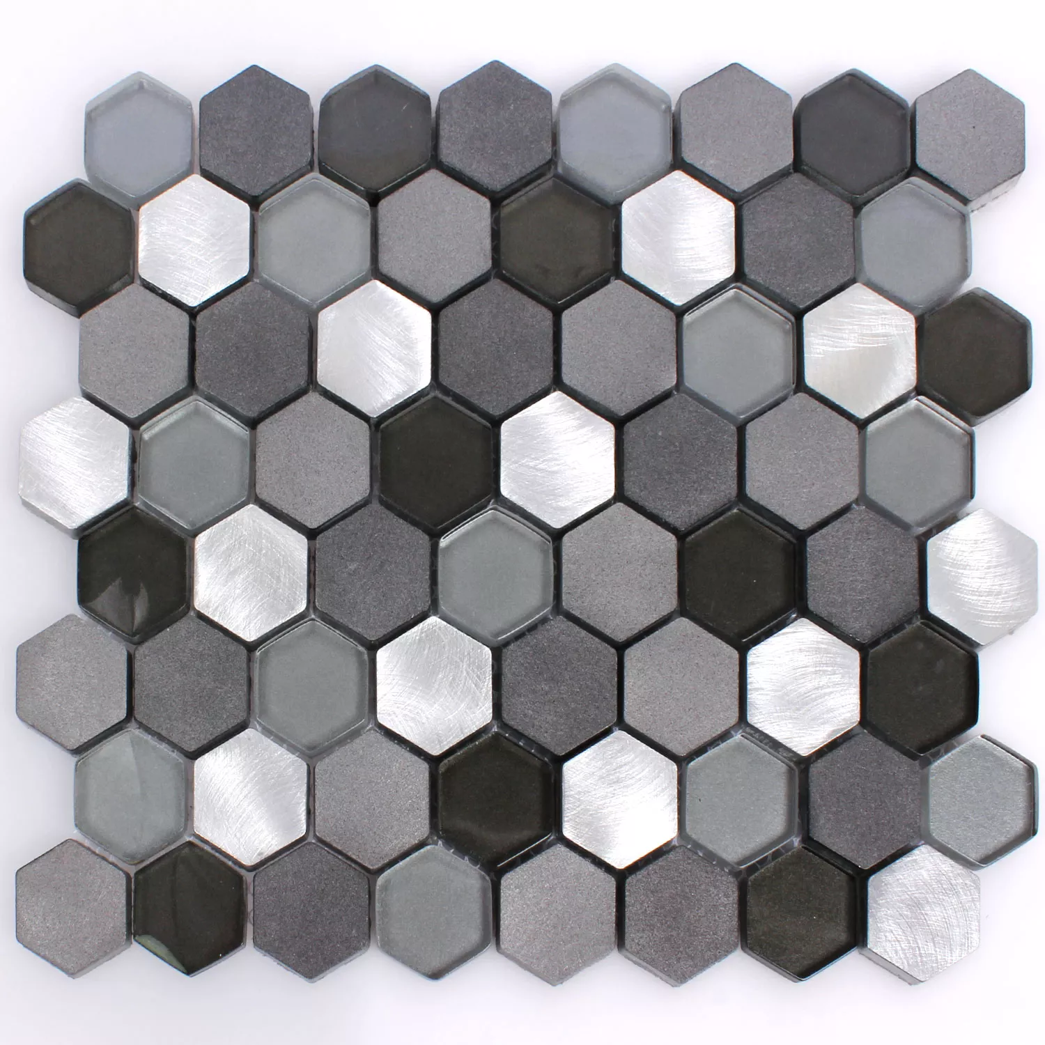 Prøve Mosaik Fliser Glas Alu Angela Hexagon Sort Sølv