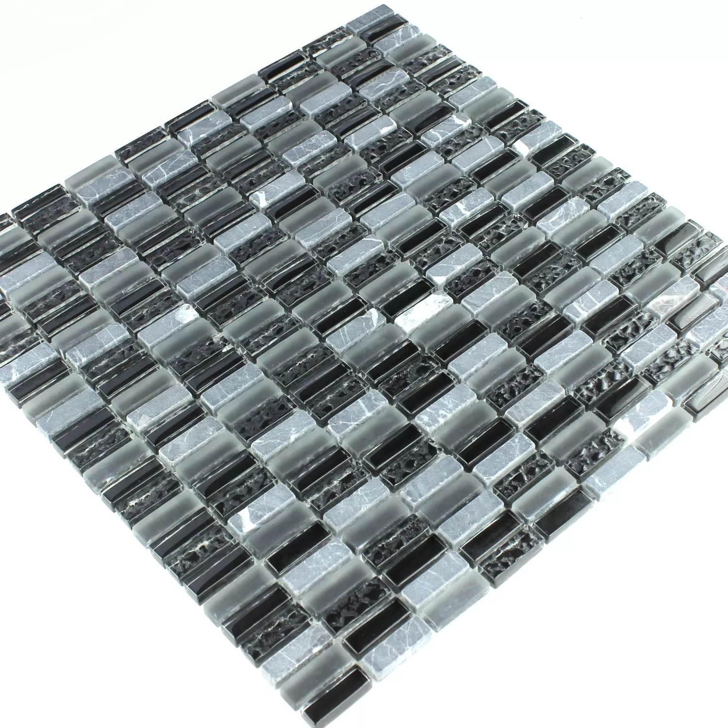Mosaik Fliser Glas Marmor Gra Mix 10x30x8mm