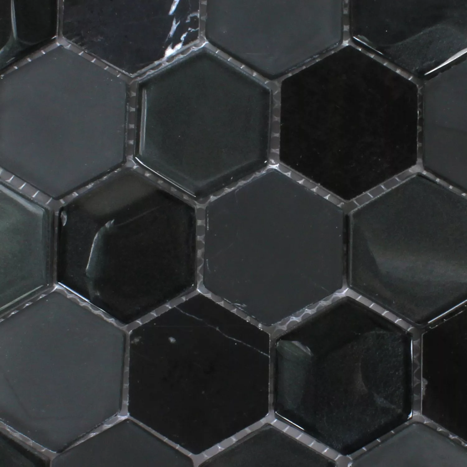 Mosaik Fliser Hexagon Glas Natursten Sort 3D