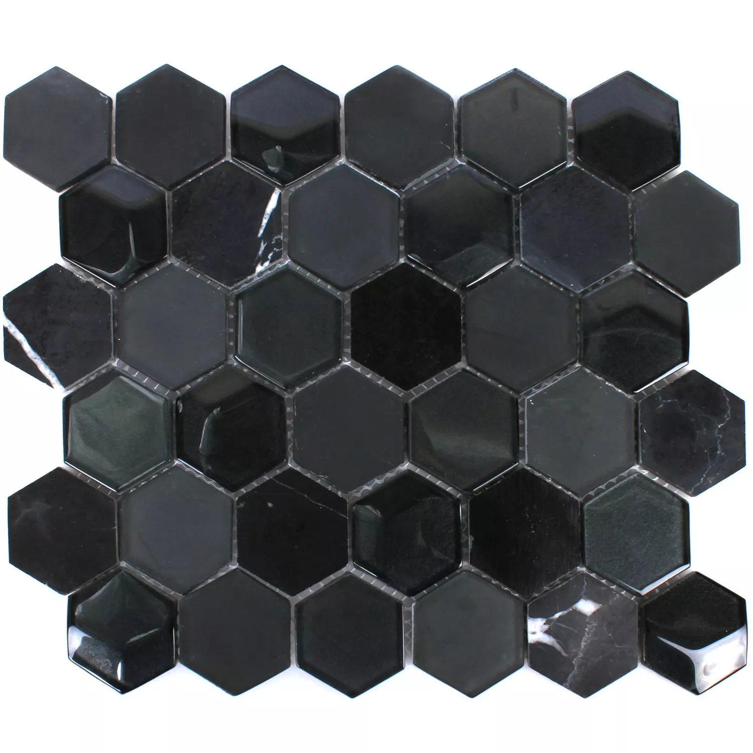 Mosaik Fliser Hexagon Glas Natursten Sort 3D