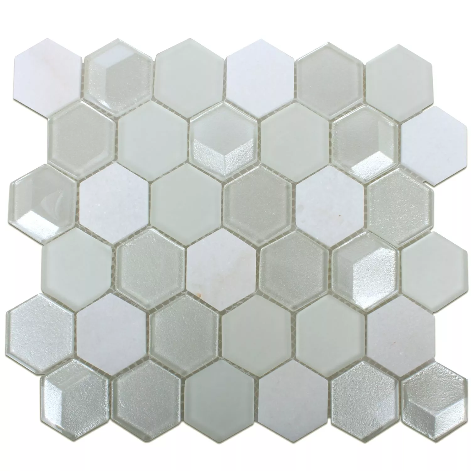 Mosaik Fliser Hexagon Glas Natursten Hvid 3D