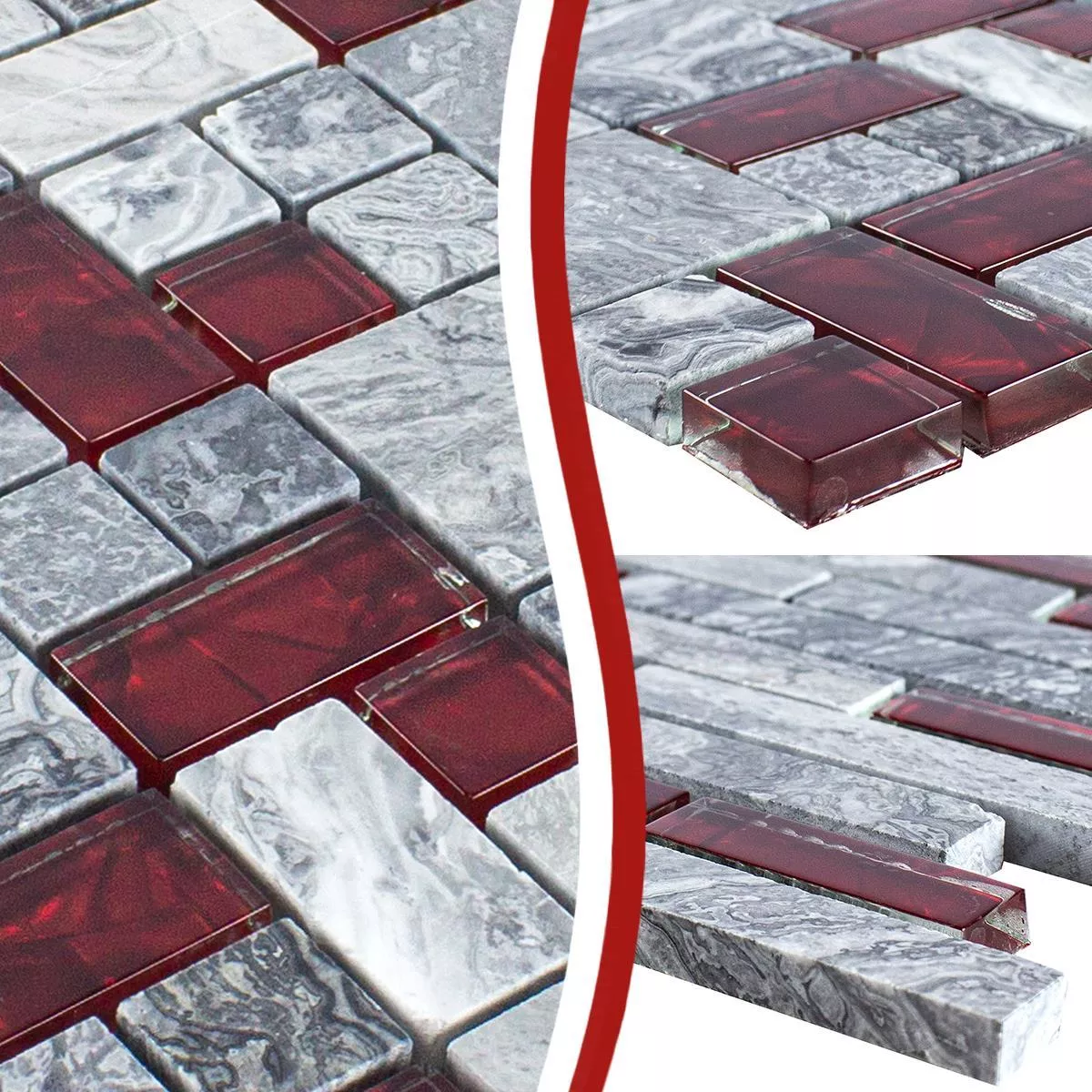 Glas Natursten Mosaik Fliser Sinop Gra Rød
