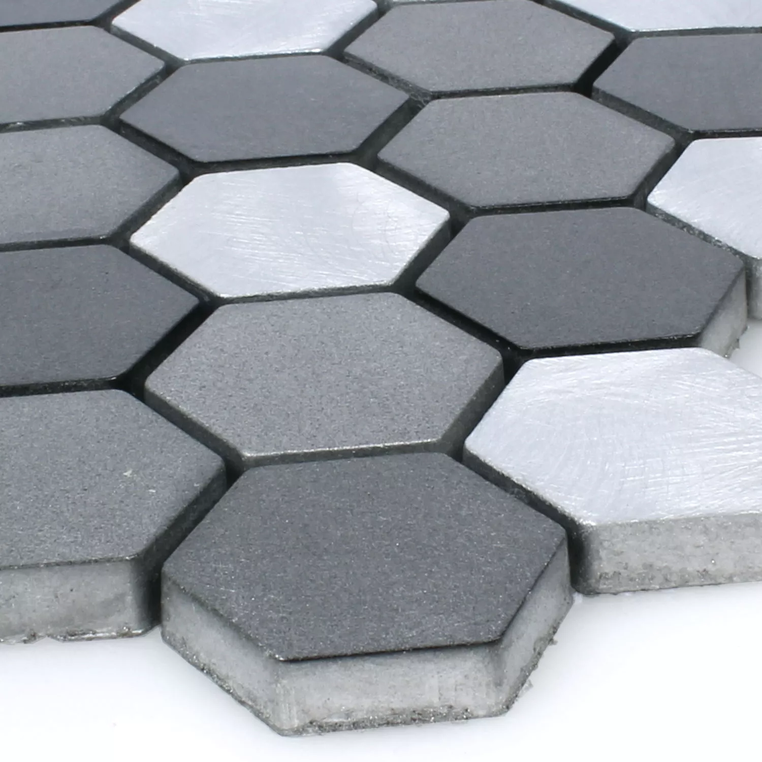 Prøve Mosaik Fliser Aluminium Apache Hexagon Sort Sølv