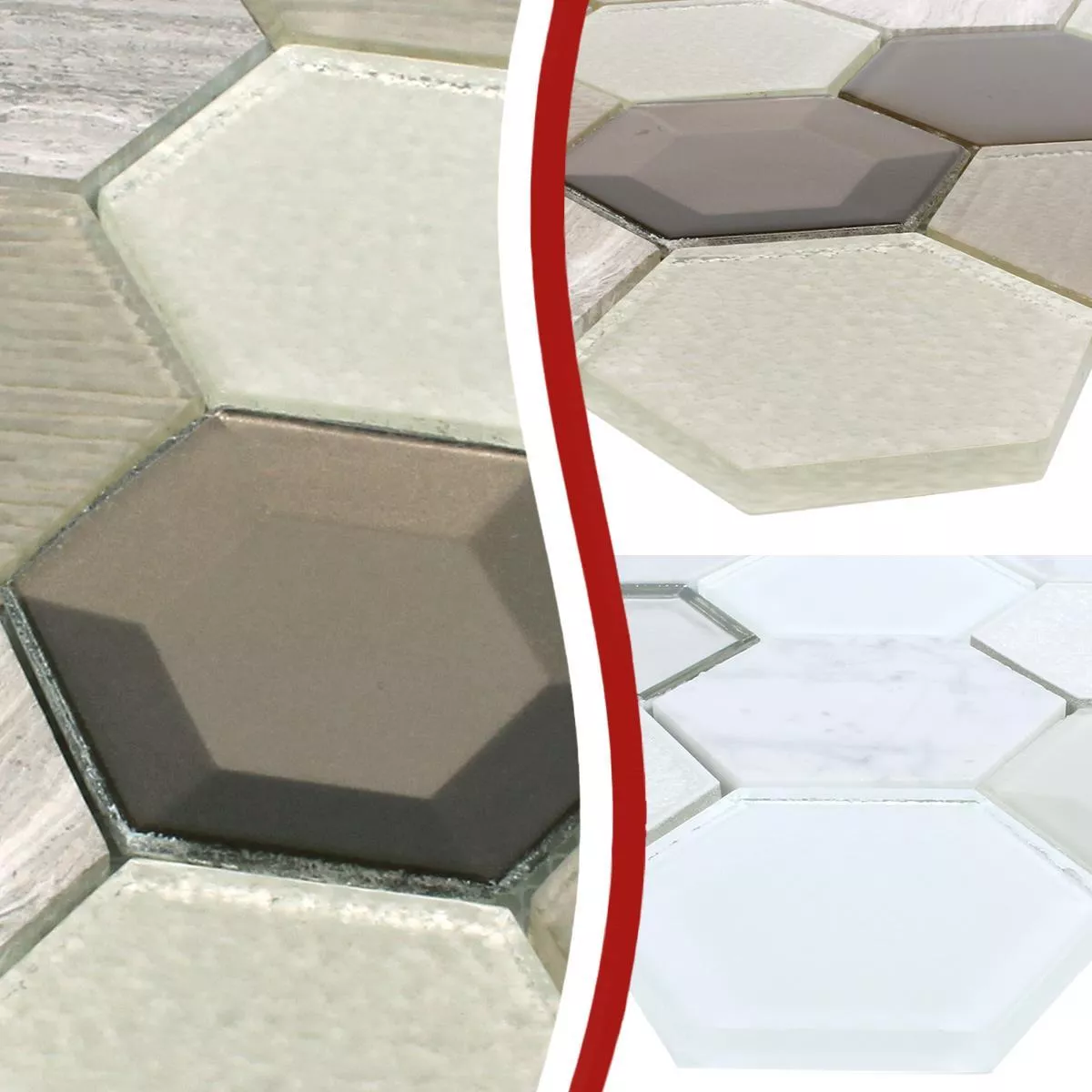 Prøve Mosaik Fliser Hexagon Concrete Glas Natursten Mix 3D