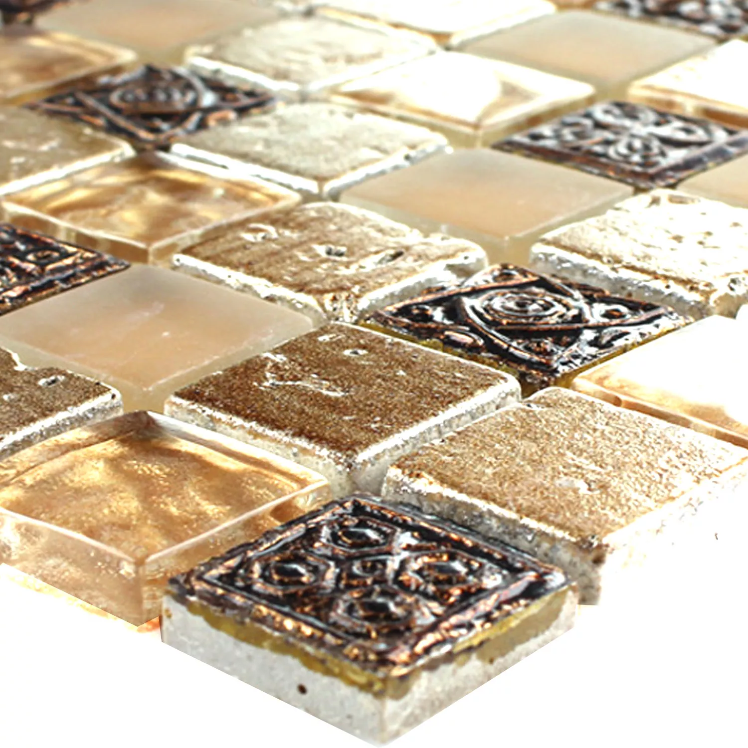 Mosaik Fliser Glas Natursten Beige Skifer Mix 25x25x8mm