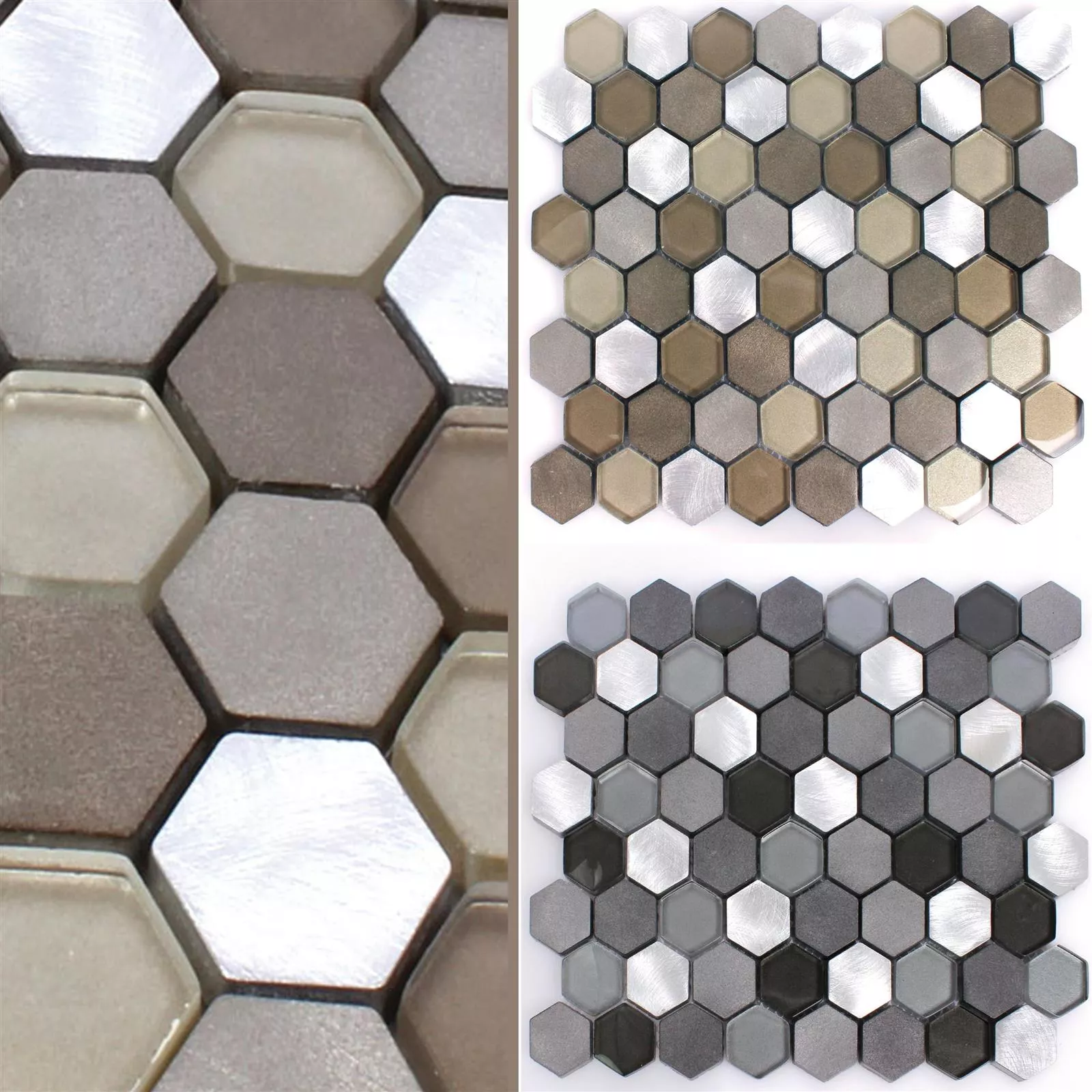 Prøve Mosaik Fliser Glas Aluminium Angela Hexagon