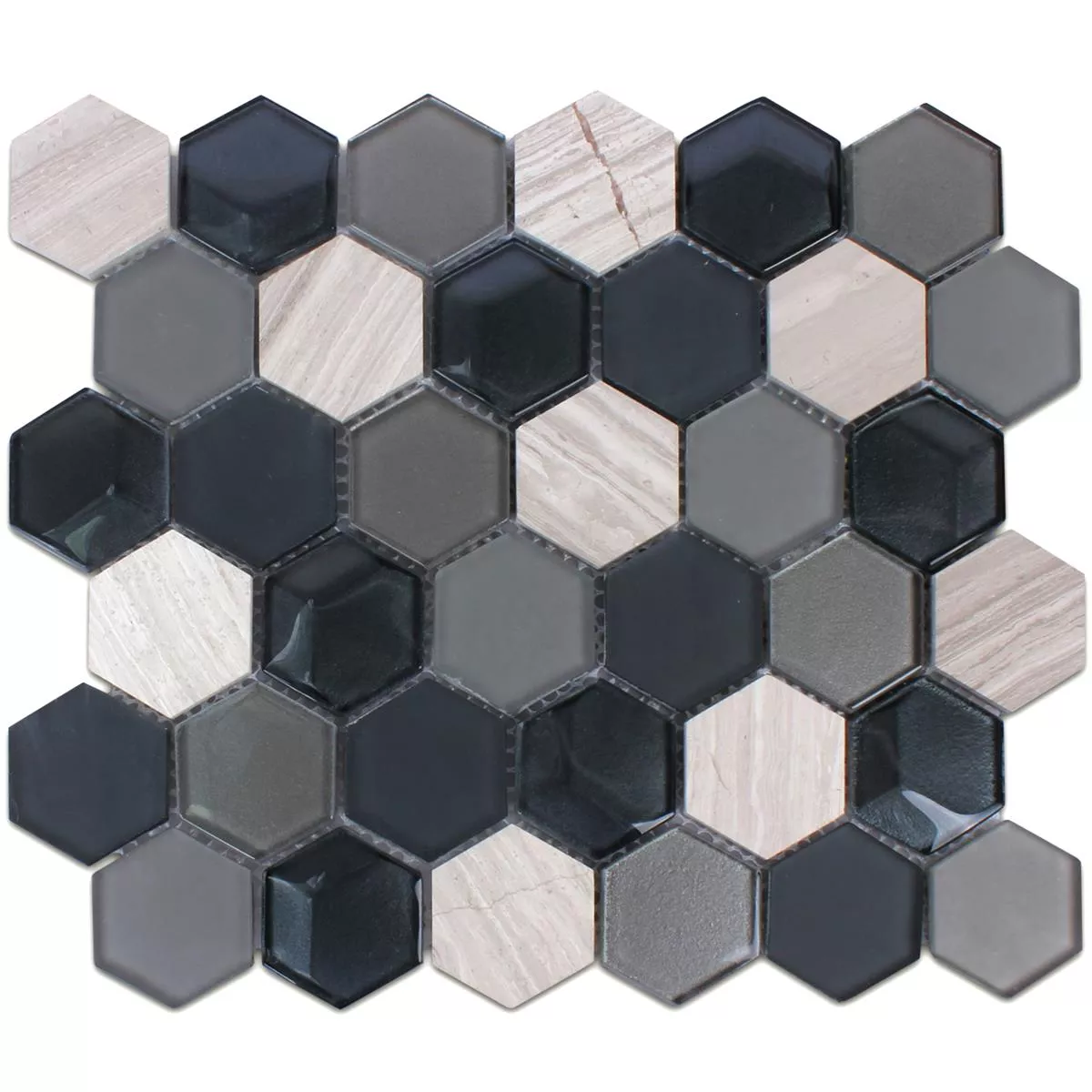 Mosaik Fliser Hexagon Glas Natursten Sort Gra 3D