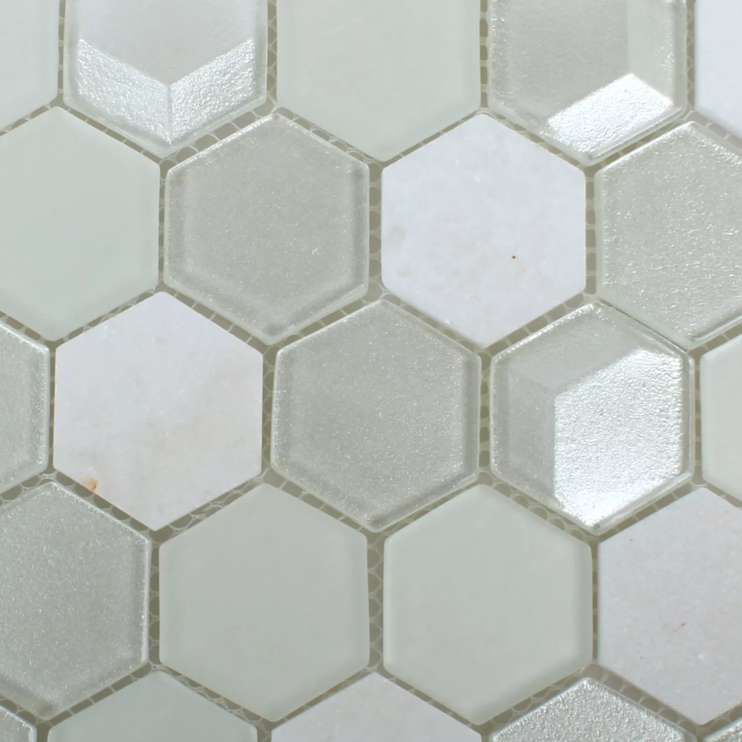 Mosaik Fliser Hexagon Glas Natursten Hvid 3D