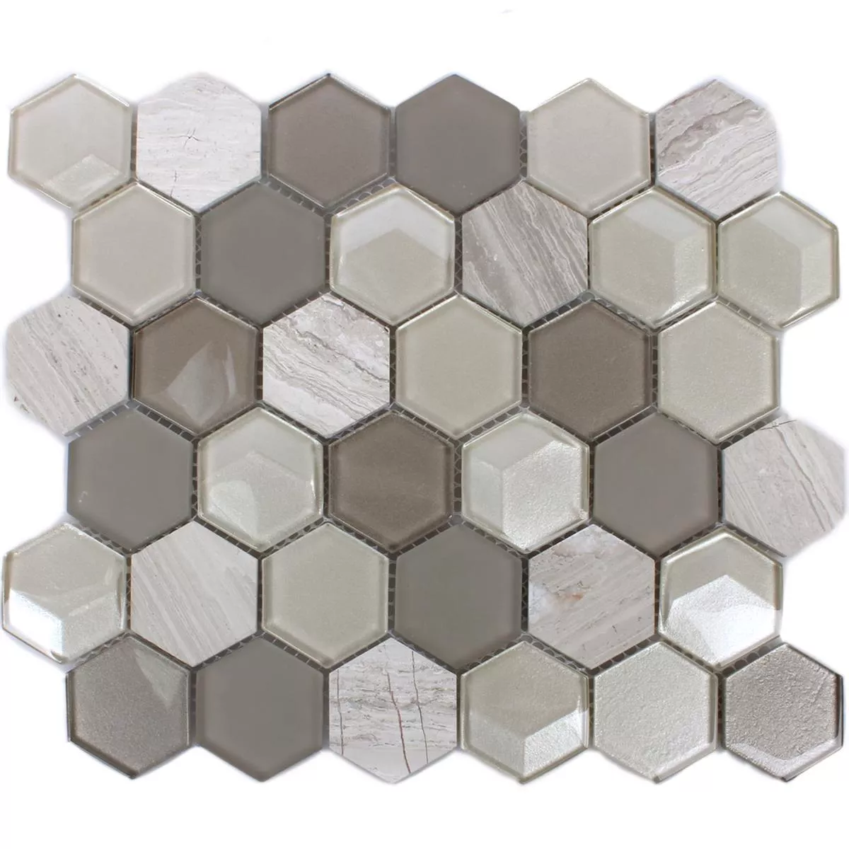 Mosaik Fliser Hexagon Glas Natursten Morkgra 3D
