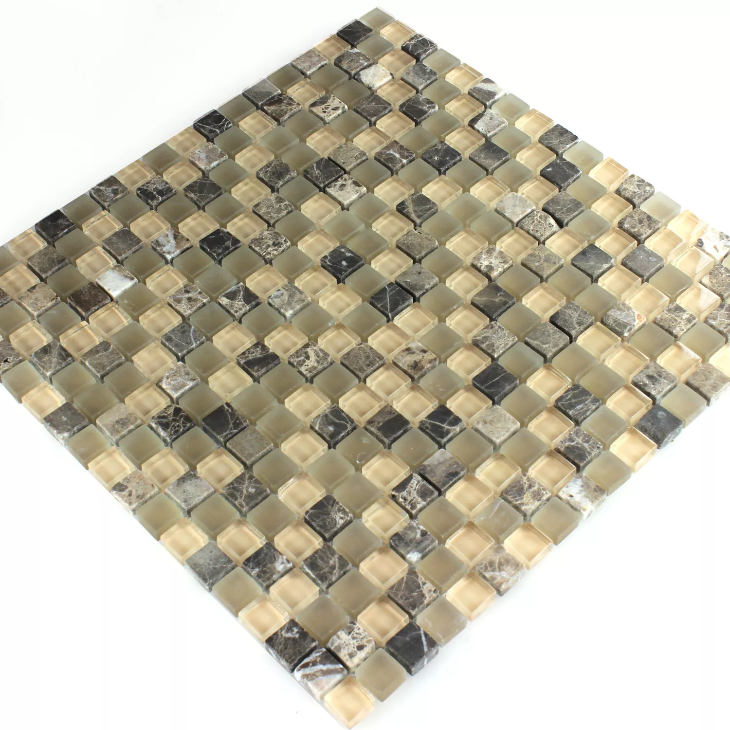 Mosaik Fliser Glas Marmor 15x15x8mm Brun Beige Skifer Mix