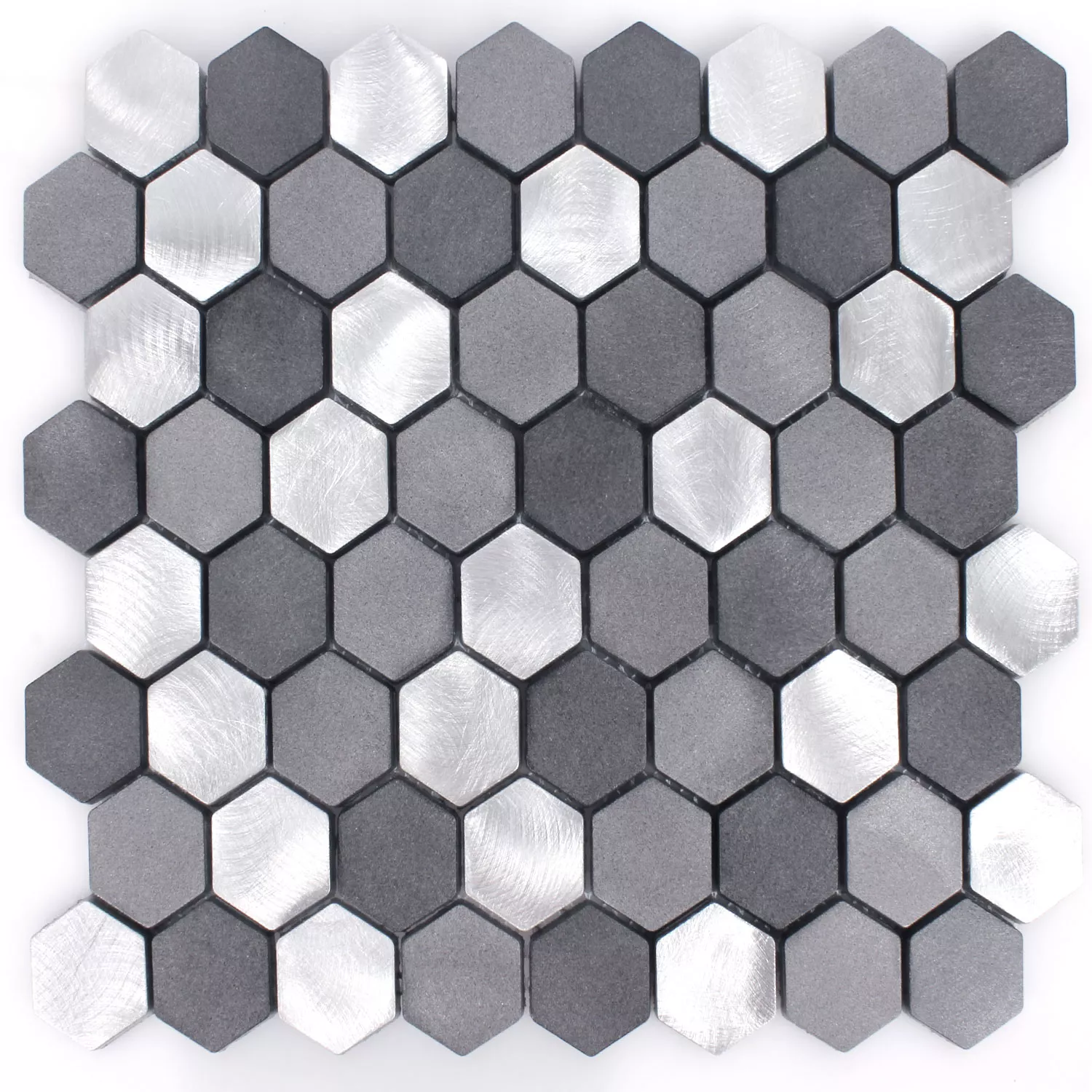 Prøve Mosaik Fliser Aluminium Apache Hexagon Sort Sølv