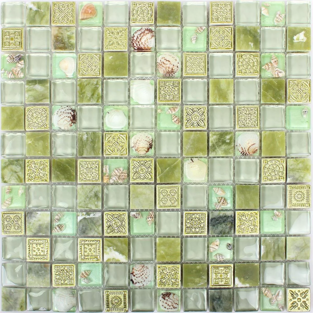 Prøve Glasmosaik Naturstefliser Tatvan Shell Grøn