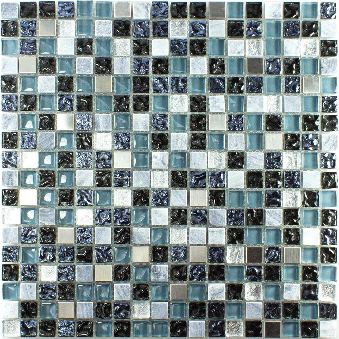 Glas Natursten Rustfrit Stål Mosaik Dysart Gra Blå Sølv