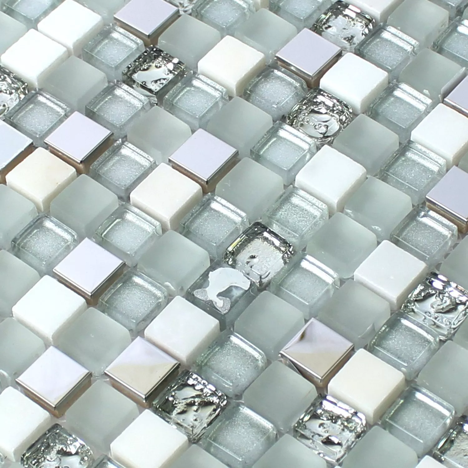 Prøve Mosaik Fliser Glas Rustfrit Stål Natursten Hvid Sølv