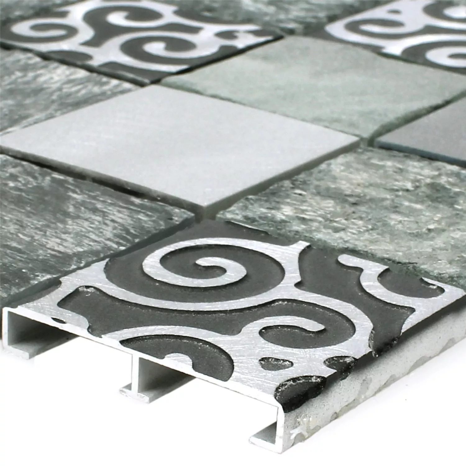 Mosaik Fliser Glas Natursten Aluminium Valdivia Gra