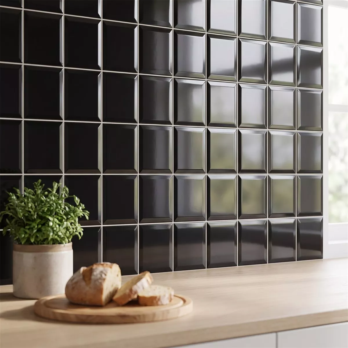 Metro flise Sort Strålende 10x10 cm Med Facet Catarina Negro