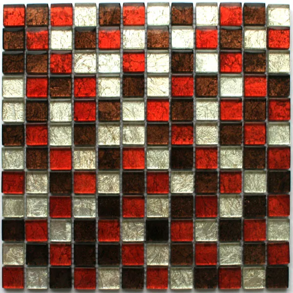 Glasmosaik Fliser 23x23x8mm Rød Brun Sølv Metal