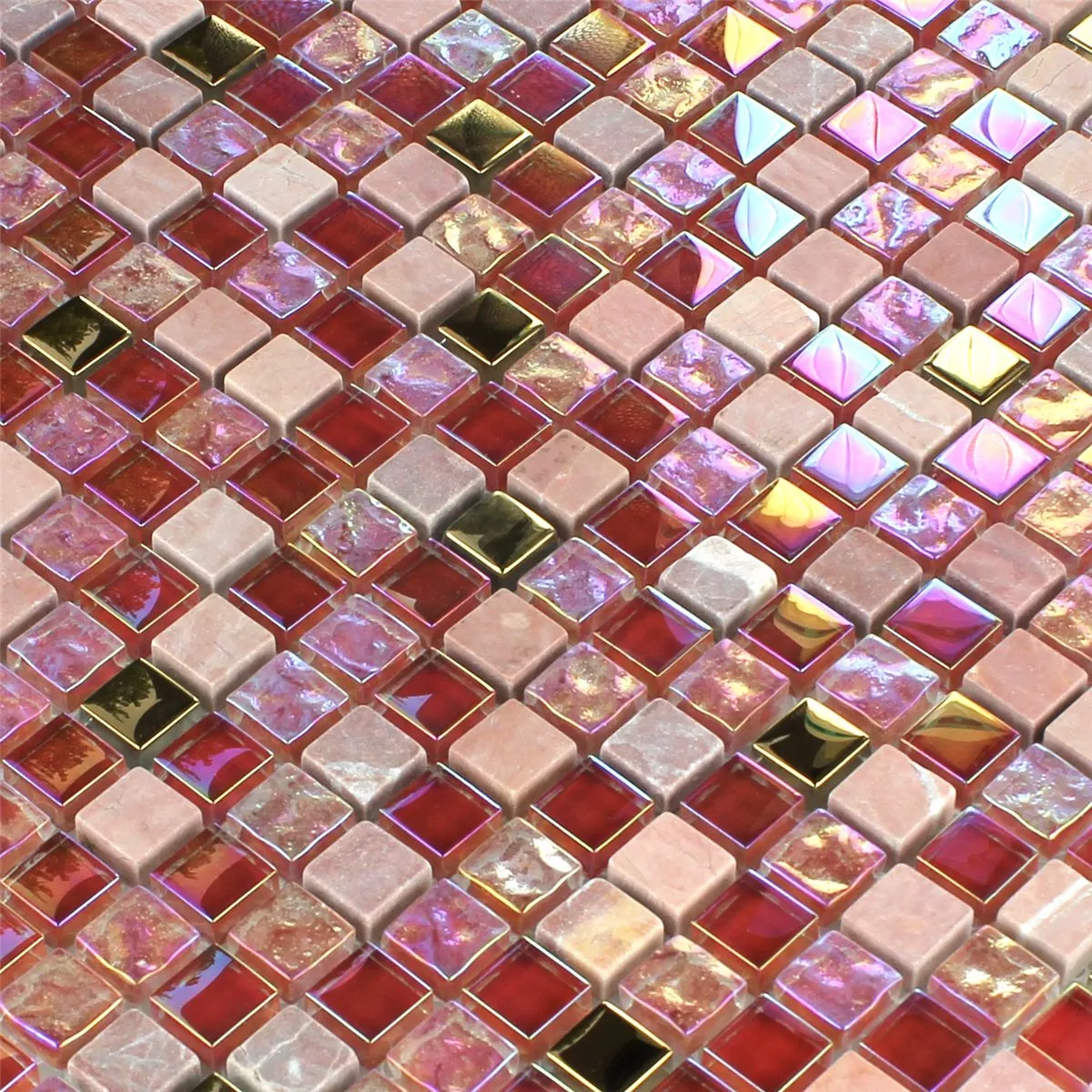 Prøve Mosaik Fliser Glas Natursten Rød Rosa Guld