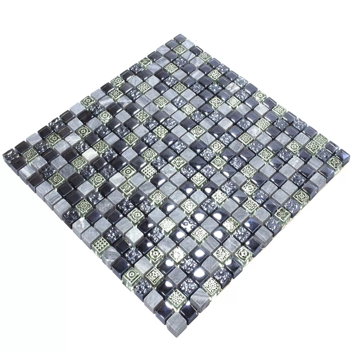 Glas Marmor Mosaik Fliser Champion Sort Gra Mix