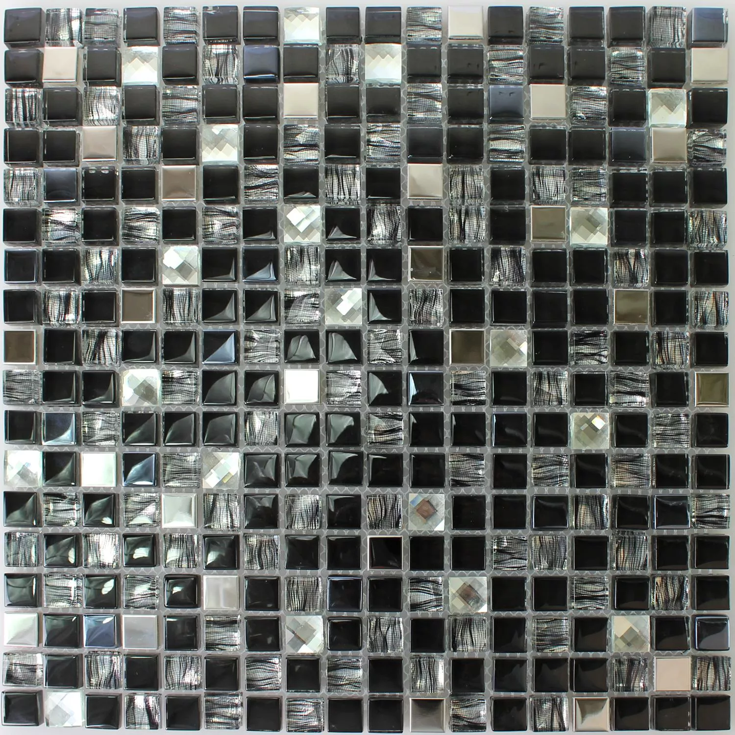 Mosaik Fliser Glas Rustfrit Stål Sort Mix 15x15x8mm