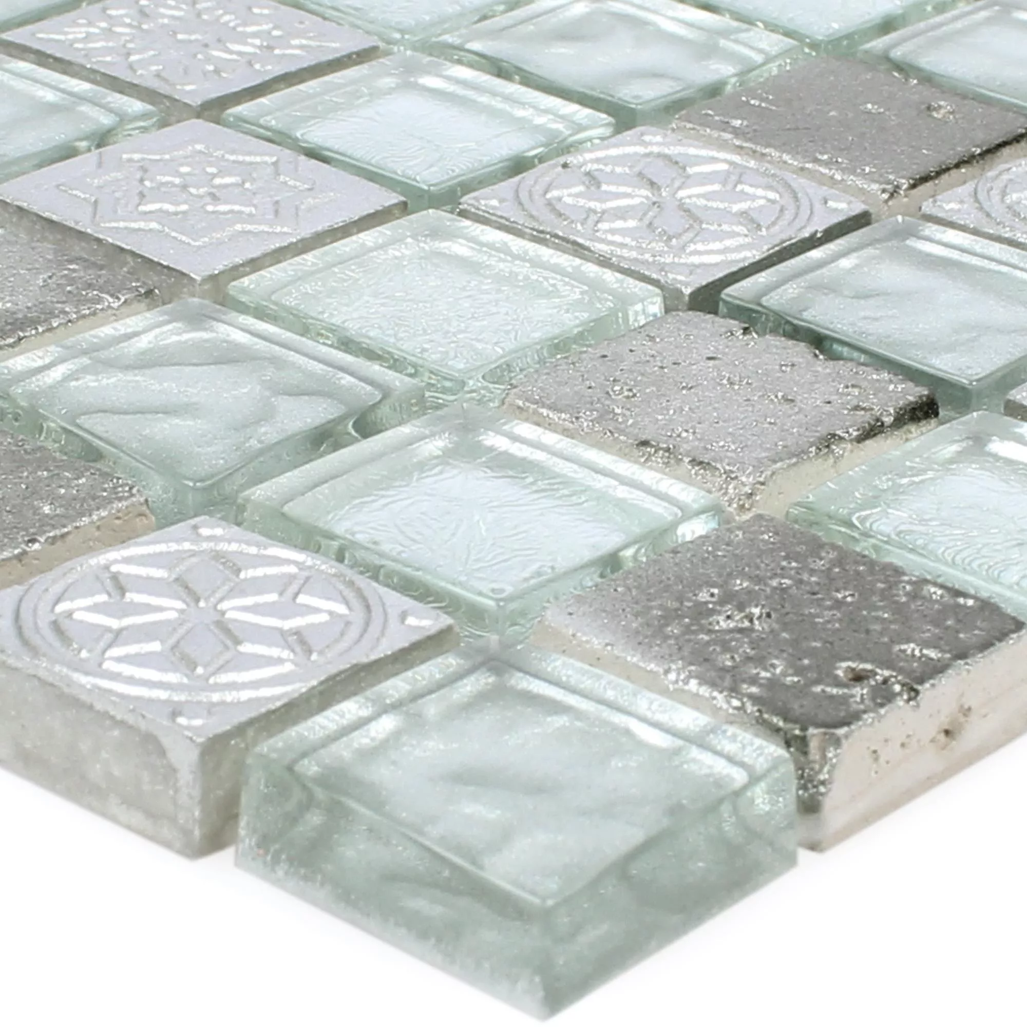 Mosaik Fliser Georgia Glas Natursten Mix Sølv
