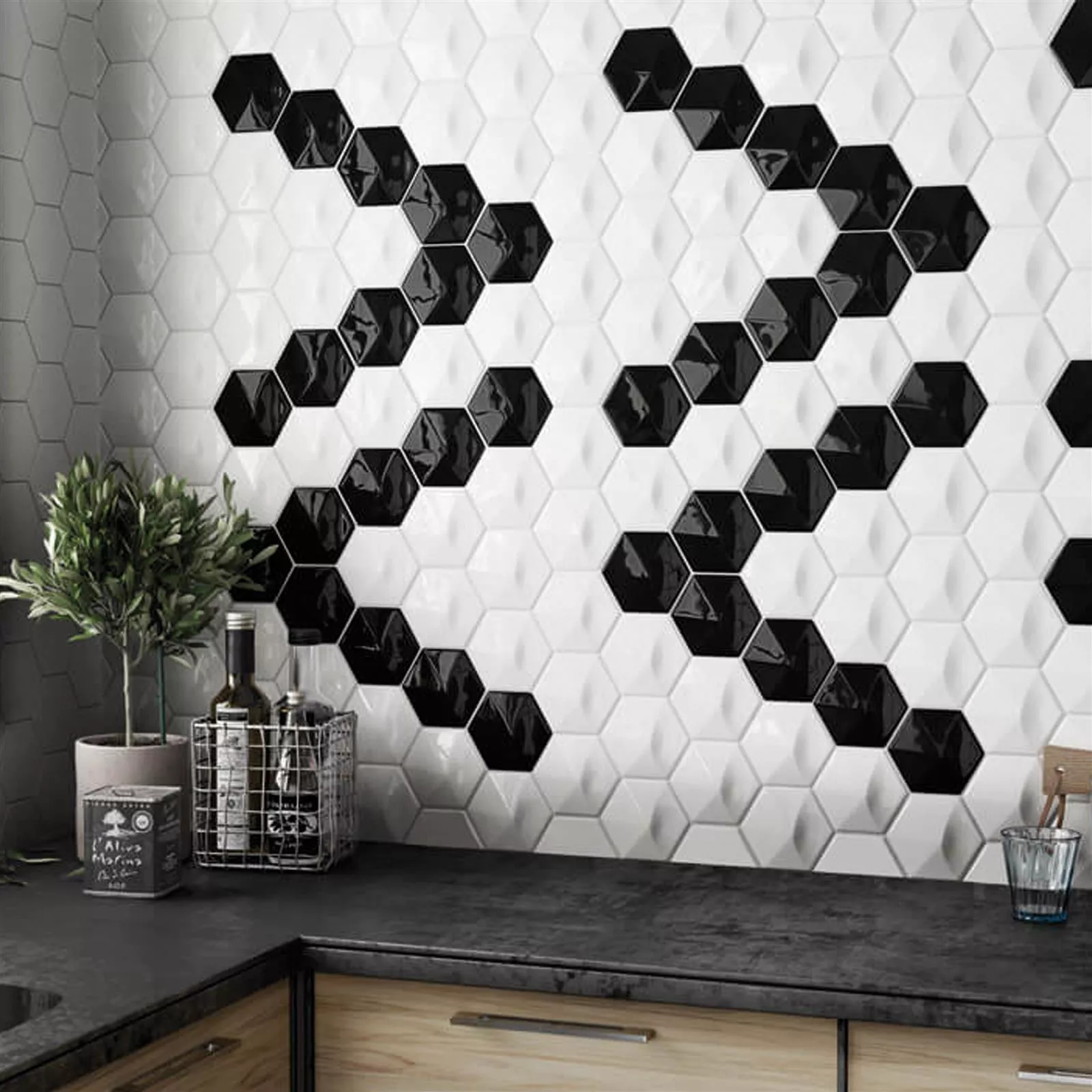 Vægfliser Rockford 3D Hexagon 12,4x10,7cm Sort