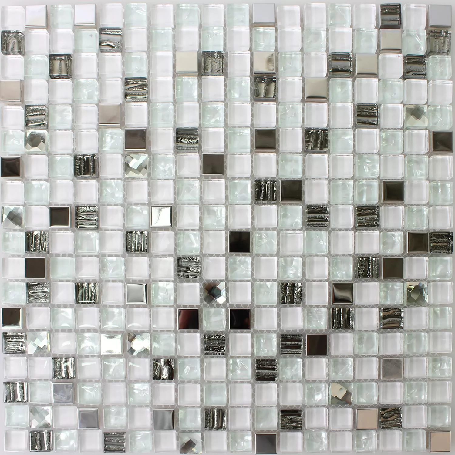 Mosaik Fliser Glas Rustfrit Stål Hvid 15x15x8mm