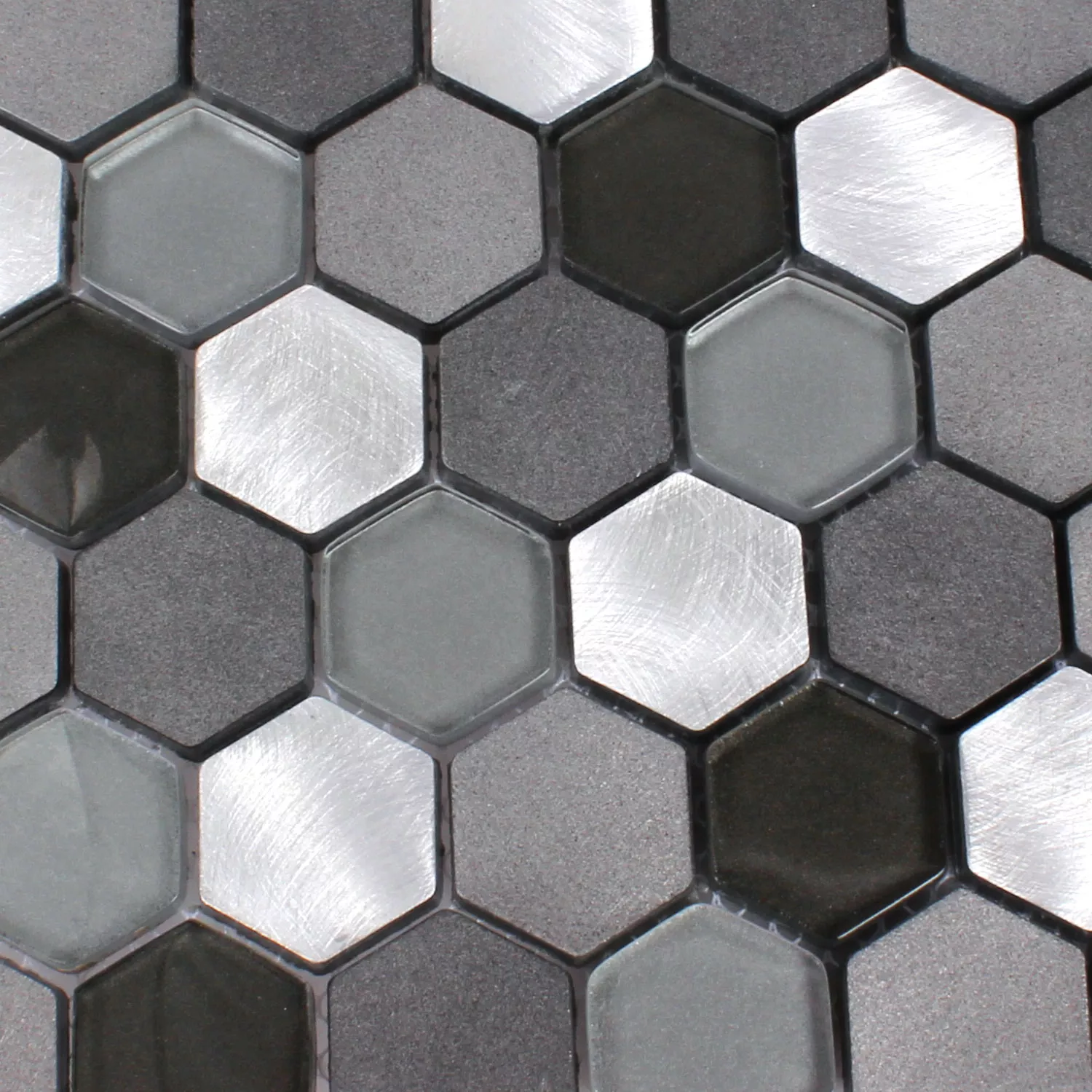 Mosaik Fliser Glas Alu Angela Hexagon Sort Sølv