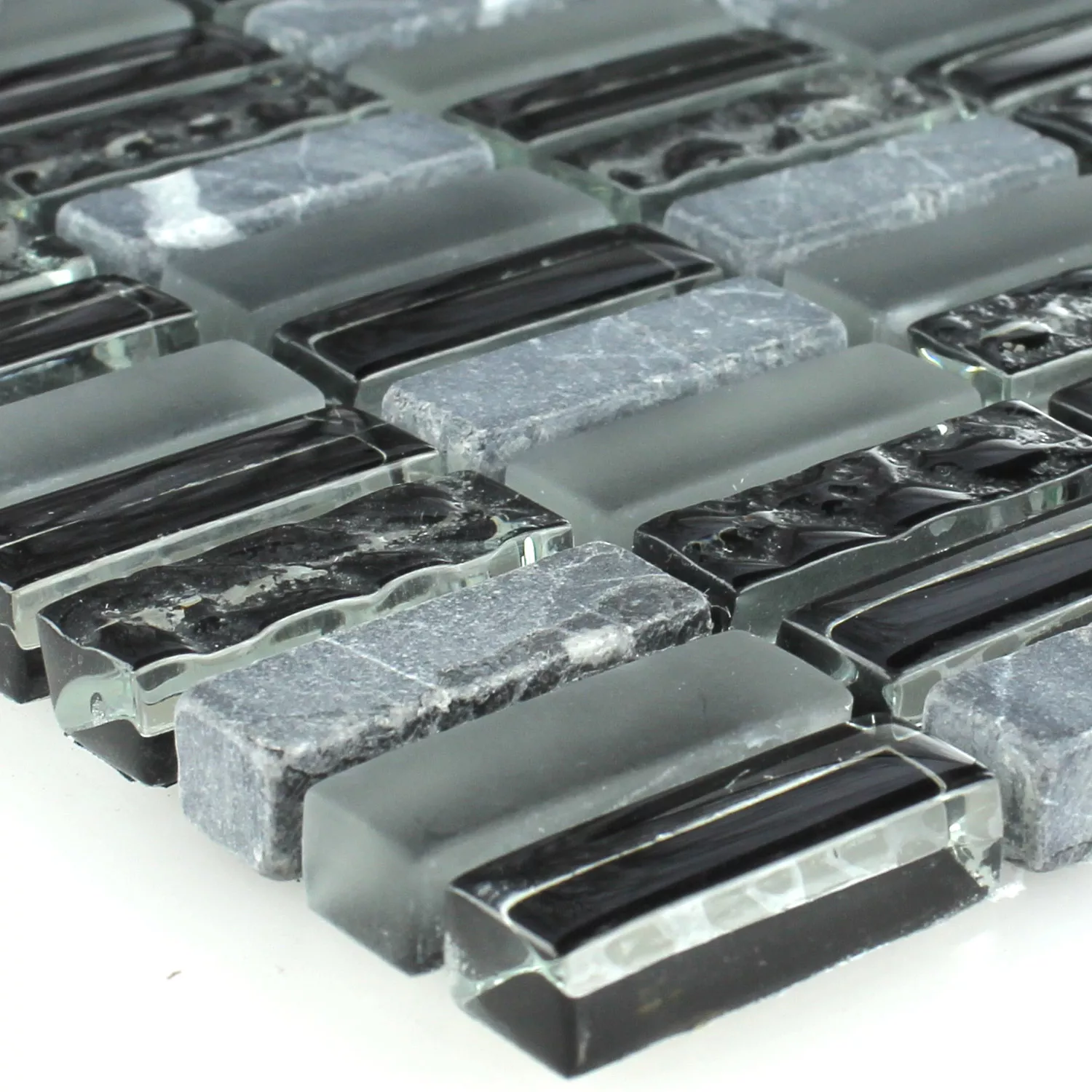 Mosaik Fliser Glas Marmor Gra Mix 10x30x8mm