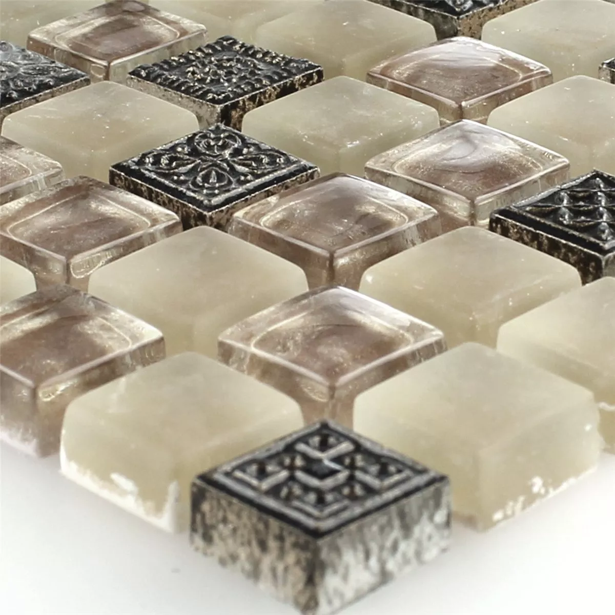 Mosaik Fliser Glas Natursten Ornament Beige Skifer Mix