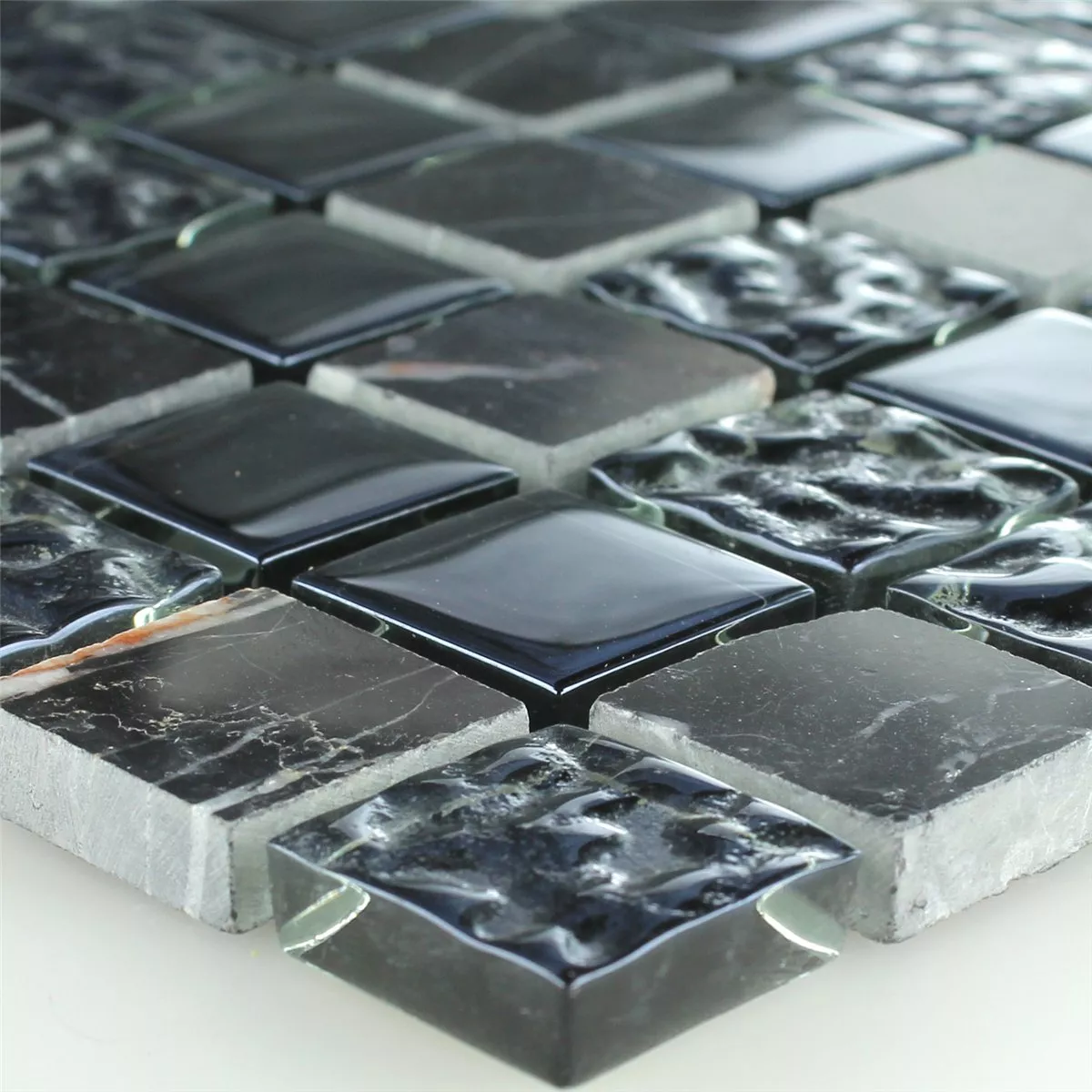 Mosaik Fliser Glas Marmor Sort Riflede 25x25x8mm