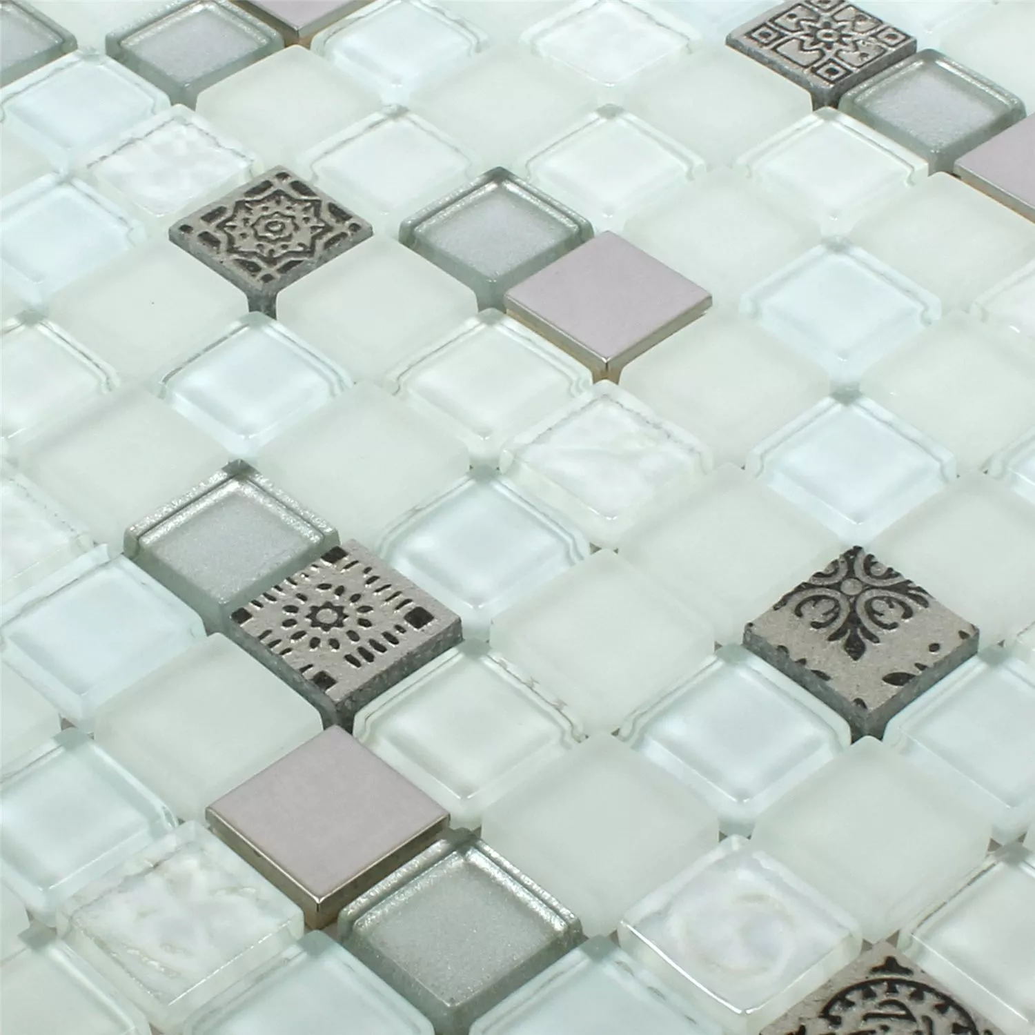 Mosaik Fliser Glas Resin Rustfrit Stål Mix Gramos Hvid